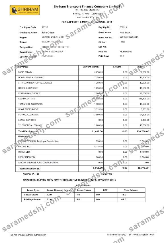INDIA SHRIRAM Transport Finance Company Limited payslip in Word  and PDF formats